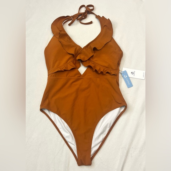 Cupshe Other - Cupshe One Piece Burnt Orange Open Back Swim Swimsuit w/ Ruffles Sz Large